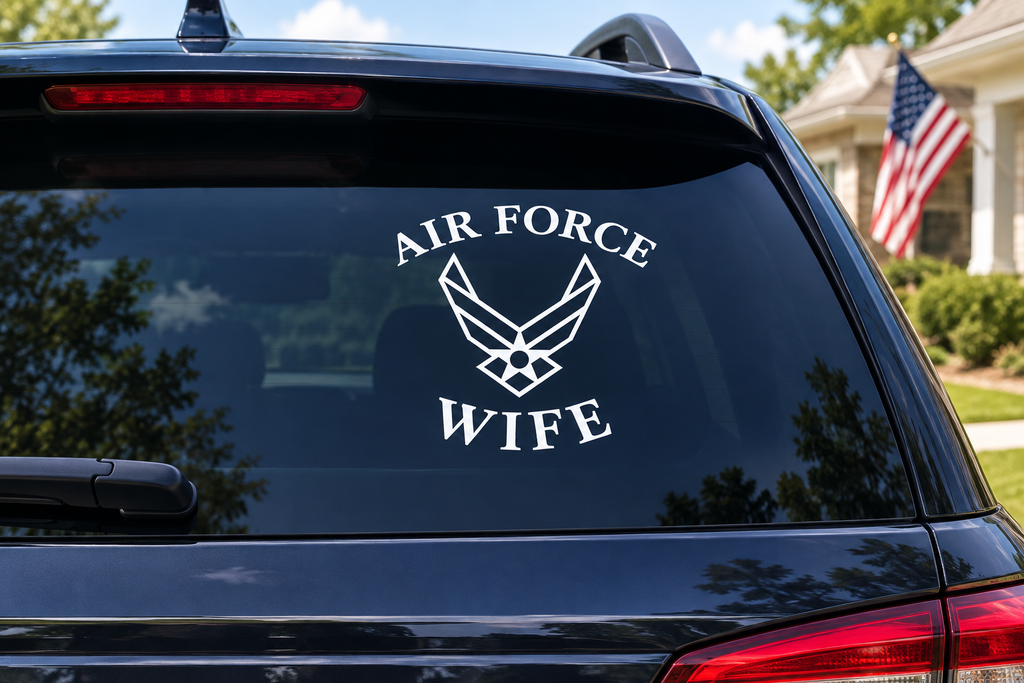 Air Force Wife white vinyl decal on car rear window