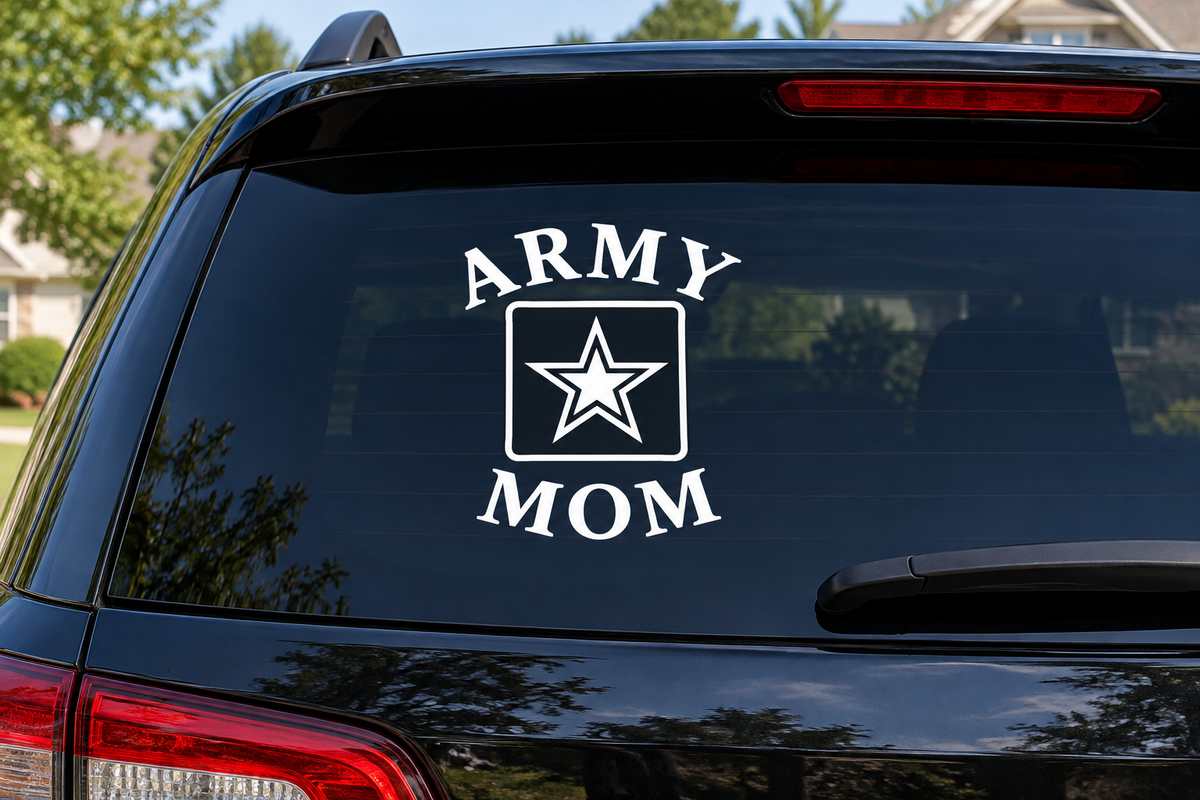 Army Mom white vinyl decal on car rear window