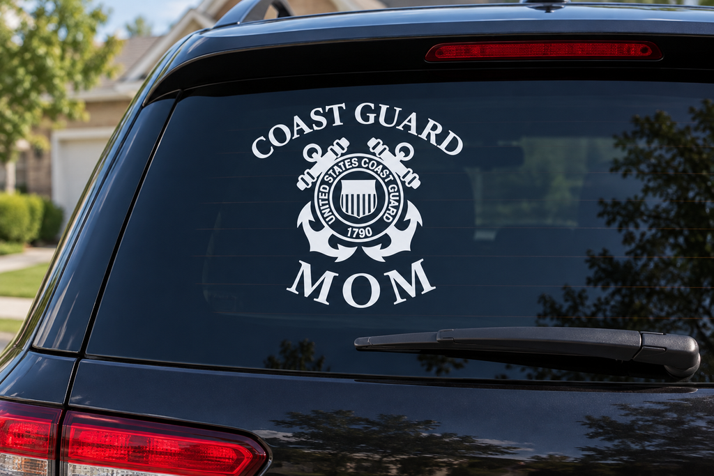 Coast Guard Mom white vinyl decal on car rear window
