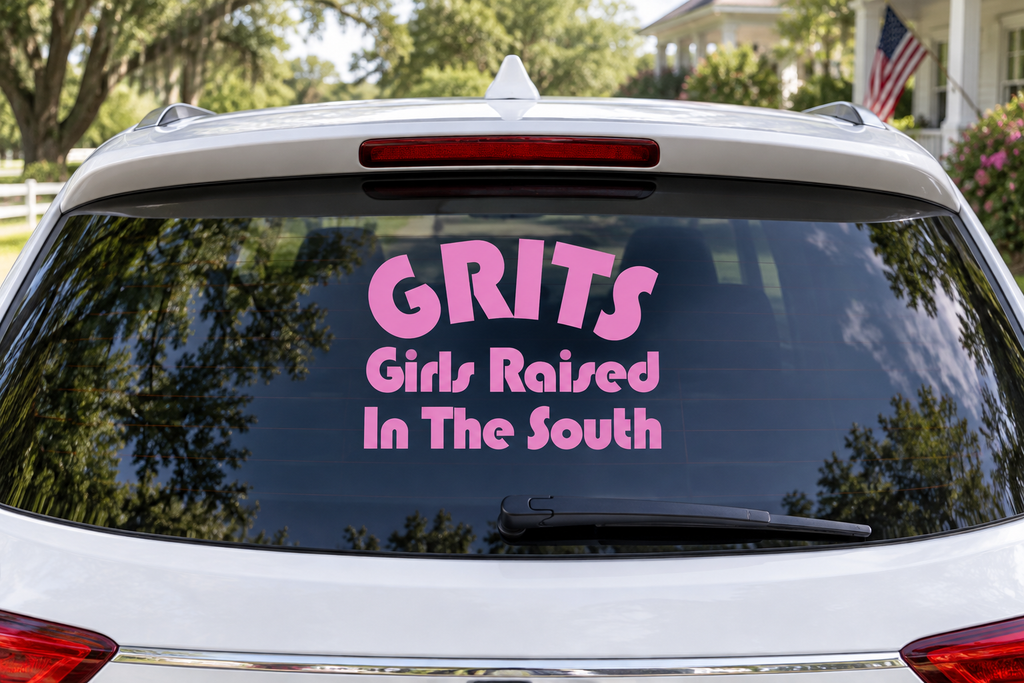 GRITS Girls Raised in the South pink vinyl decal on car rear window
