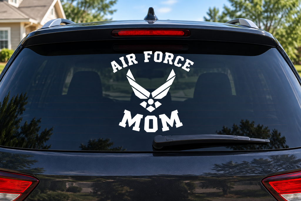 Air Force Mom white vinyl decal on car rear window