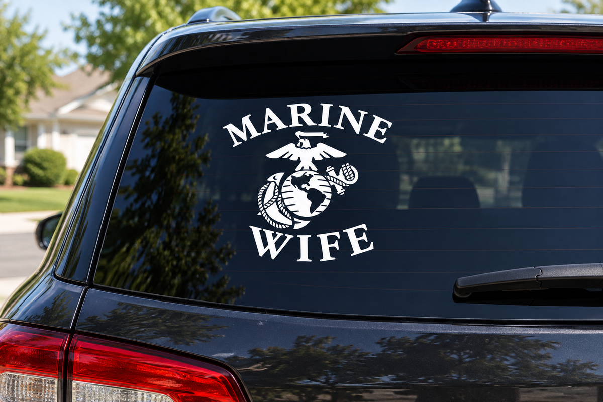 Marine Wife white vinyl decal on car rear window