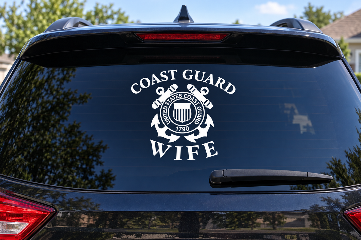 Coast Guard Wife white vinyl decal on car rear window