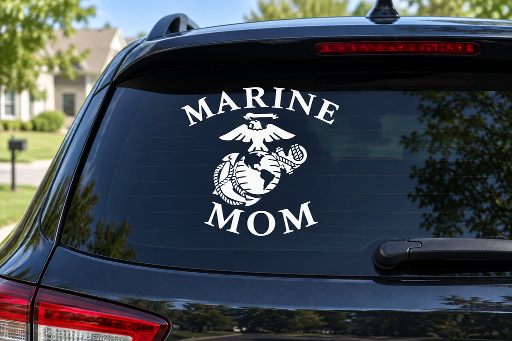 Marine Mom white vinyl decal on car rear window
