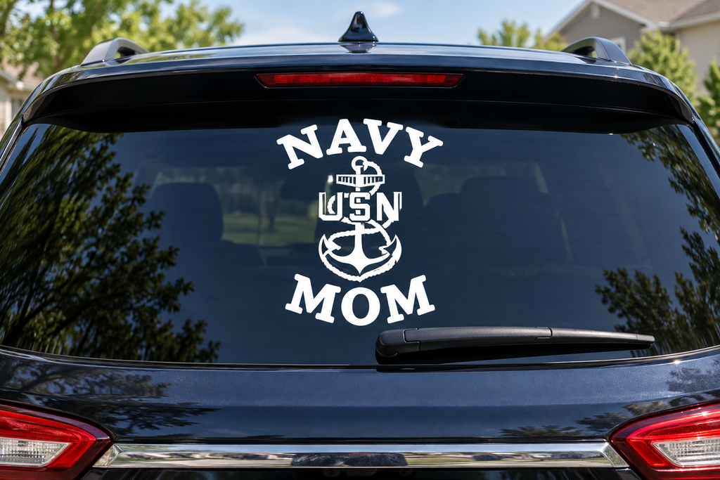 Navy Mom white vinyl decal on car rear window