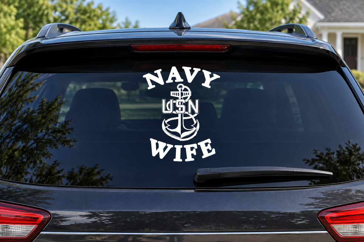 Navy Wife white vinyl decal on car rear window