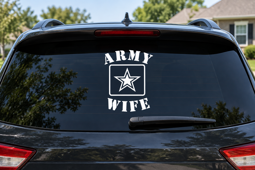 Army Wife white vinyl decal on car rear window